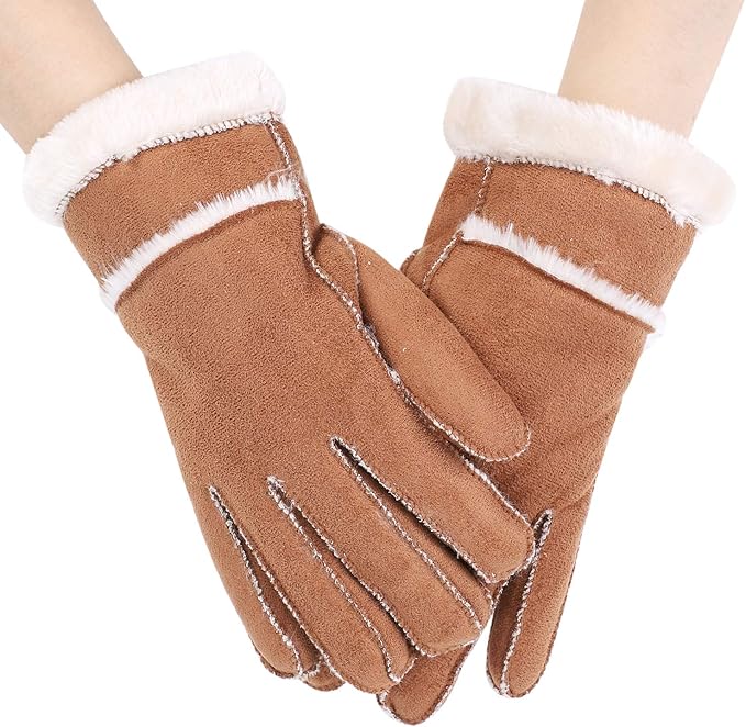 女士男士仿麂皮毛绒手套冬季保暖手套柔软羊毛衬里羊毛袖口防风驾驶